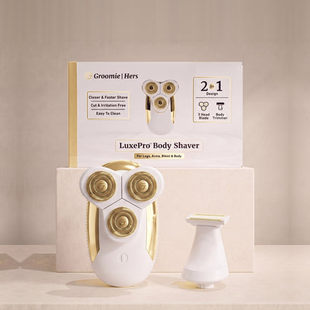 LuxePro Women's Body Shaver packaging box and white and gold shaver unit shown with interchangeable triple rotary head and body trimmer attachment.